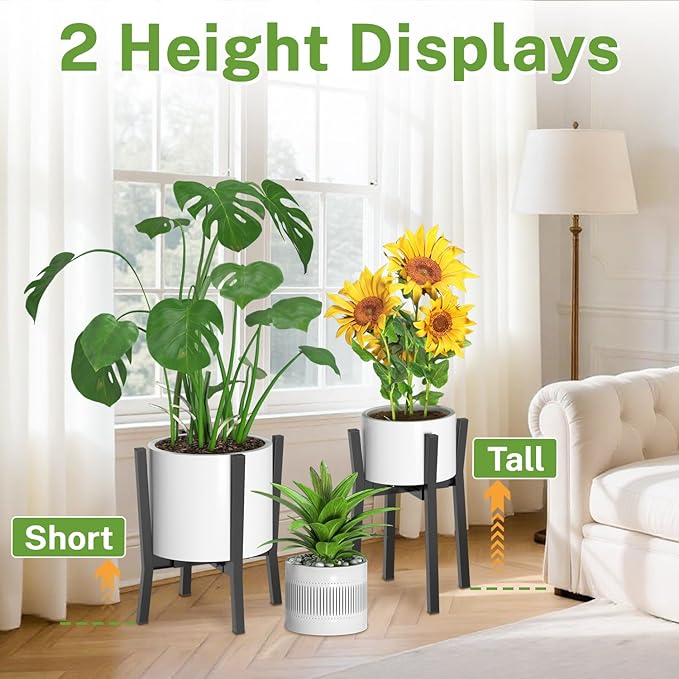 iDavosic.ly Adjustable Plant Pot Stand 2 Pack Indoor Outdoor, Metal Short Single Flower Holder Fits 8 to 12 Inch Large Heavy Duty Planter (Not Included) | Modern Black