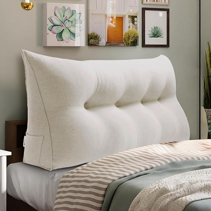 WOWMAX Triangular Headboard Pillow Bed Wedge Pillow for Headboard Full Size Wedge Pillows for Daybed Large Bolster Pillow for Bed with Removable Cover, 80% Cotton & 20% Linen Blend, Pure White