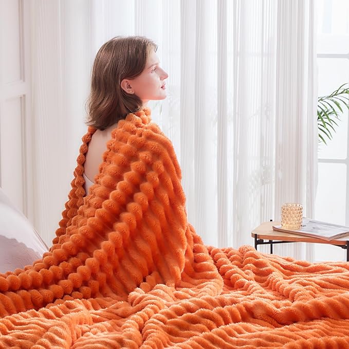 NEWCOSPLAY Super Soft Fall King Blanket Orange Premium Silky Flannel Fleece 3D Ribbed Jacquard Lightweight Bed Blanket All Season Use (Orange Ribbed, King(90"x110"))
