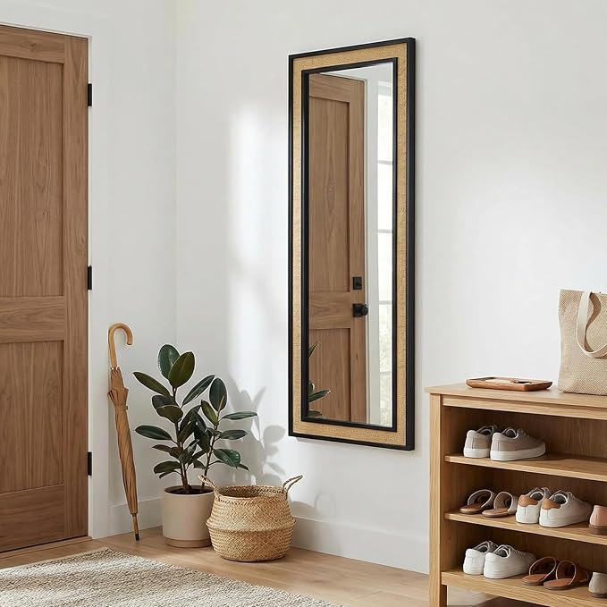 Rattan Full Length Mirror,18"x48" Long Rattan Wall Mirror,Wooden Mirror with Wicker Frame,Decorative Full Body Mirror Hanging,Farmhouse Rectangle Floor Mirror for Bathroom Living Dressing Room Black