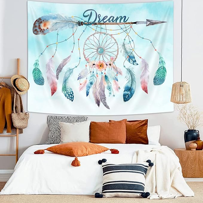 Dream Catcher Feather Small Tapestry, Native American Arrow Dreamcatcher Tapestry Wall Hanging for Teen Girl Bedroom, Blue Teal Bohemian Tapestries Living Room College Dorm Home Decor (60W X 40H)