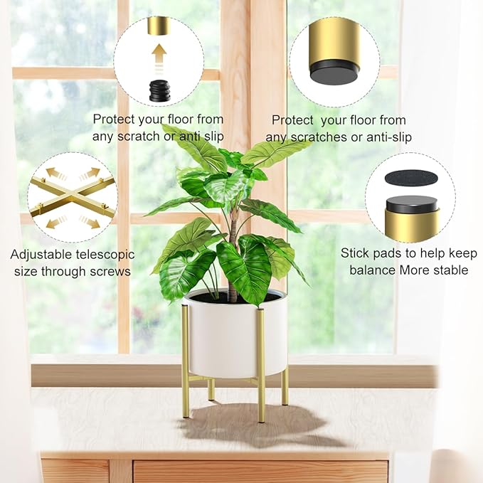 Metal Plant Stands for Indoor Plants Adjustable for 8 9 10 11 12 inches Planter Mid Century Stable Stylish Corner Plant Stand for Outdoor, Gold 1Pack, Pot not Included