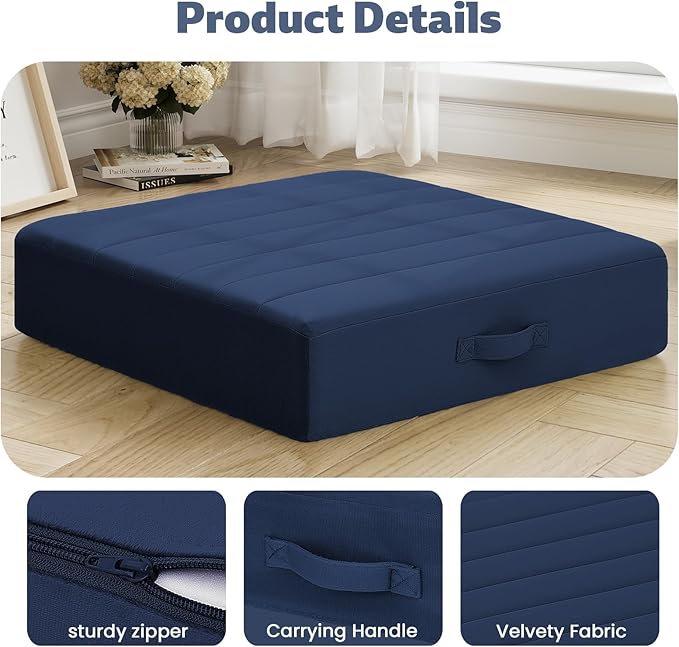 MeMoreCool Square Floor Pillows for Adults Kids, 2 Sets Large Meditation Cushion with 5" Thick Foam and Washable Tufted Cover, 22 Inch Navy Seat Floor Cushions for Sitting and Yoga