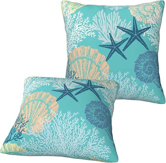 Coastal Beach Pillow Covers 18x18 Set of 2, Starfish Coral Seahorse Throw Pillow Covers Outdoor Decorative Pillow Case for Couch Bed Sofa Cushion Home Decor