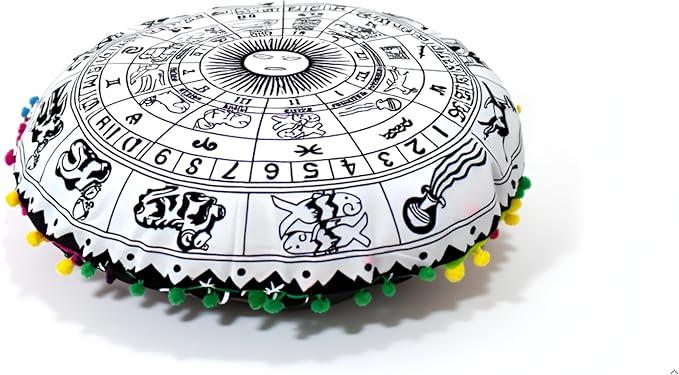 CRAFT KALA 22" Bohemian Floor Pillow Pouf Cover Mandala Boho Large Round Meditation Room Pillow Covers for Adults Seating Poufs Cushion Cover for Kids Playroom Black Zodiac