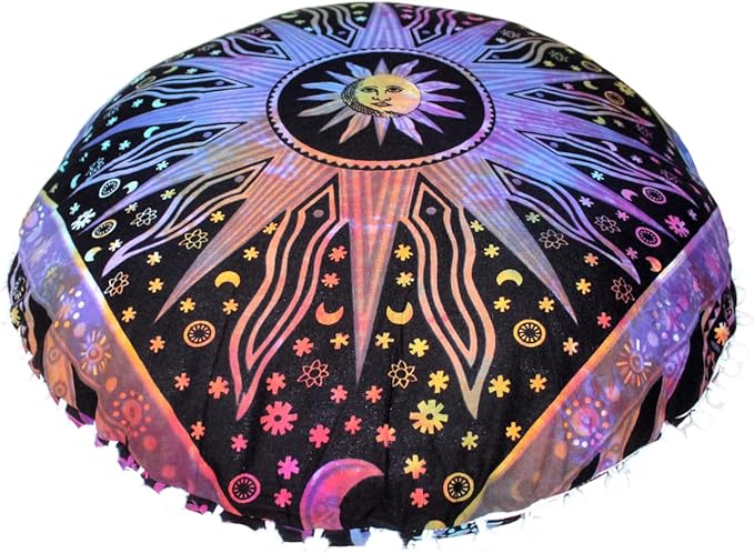 CRAFT KALA Large Round Bohemian Floor Pillow Pouf Cover Mandala Meditation Room Pillow Cover for Adults Boho Seating Poufs Cushion Cover for Kids Playroom 32" Round Multi Purple Burning Sun