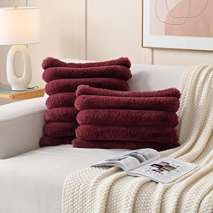 FUTEI Burgundy Decorative Throw Pillow Covers 24x24 Inch Set of 2, Square Soft Faux Rabbit Fur Thick Striped European Cushion Covers,Spring Home Decor for Couch Bed Living Room