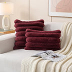 FUTEI Burgundy Decorative Throw Pillow Covers 22x22 Inch Set of 2, Square Soft Faux Rabbit Fur Thick Striped Cushion Cover,Spring Home Decor for Couch Bed Living Room