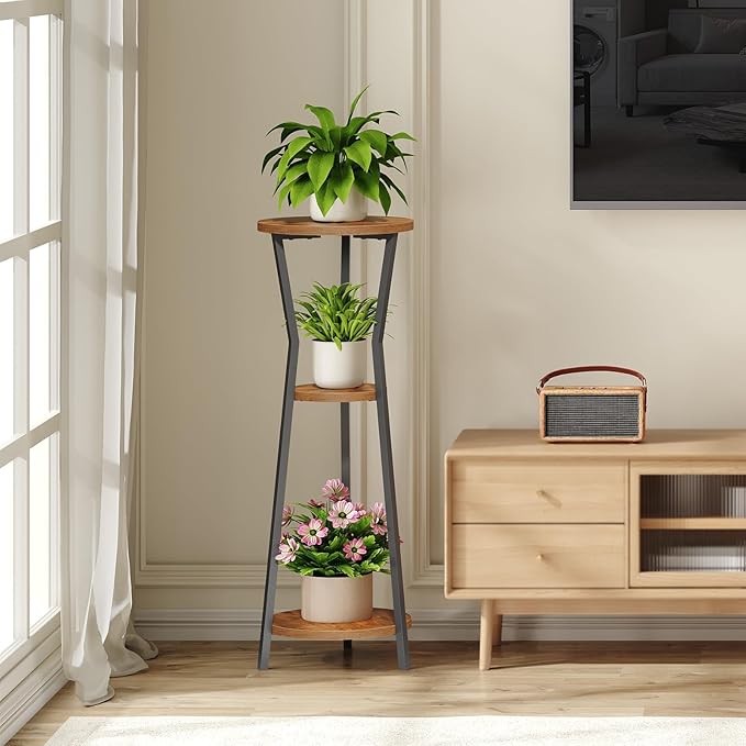 Plant Stand Indoor, 3 Tier Round Corner Plant Stand Indoor, Round Plant Holder Rack, 35" Tall Plant Shelf for Living Room, Balcony, Patio, Rustic Brown and Black PSHR0401