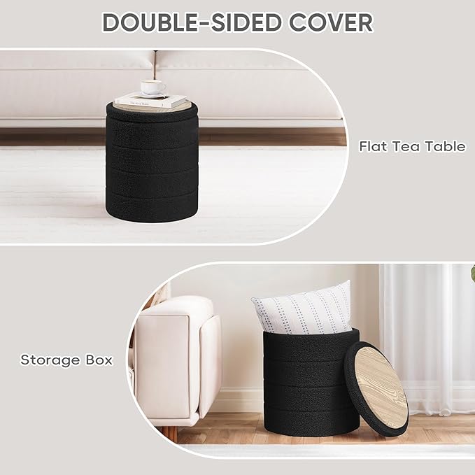 PINPLUS Round Storage Ottoman Foot Rest Stool with Tray Velvet Sherpa Folding Storage Ottoman,Boucle Foot Rest for Living Room, Bedroom, Dorm（Black）