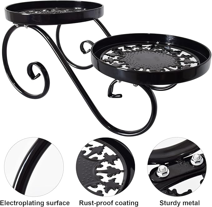 TLBTEK 2 tier Metal Plant Stand,Black Round Potted Planter Stands Indoor Outdoor ,Multiple Modern Flower Pot Stand Holder Rack Display for Home,Kitchen,Patio,Garden, Corner, Balcony and Bedroom