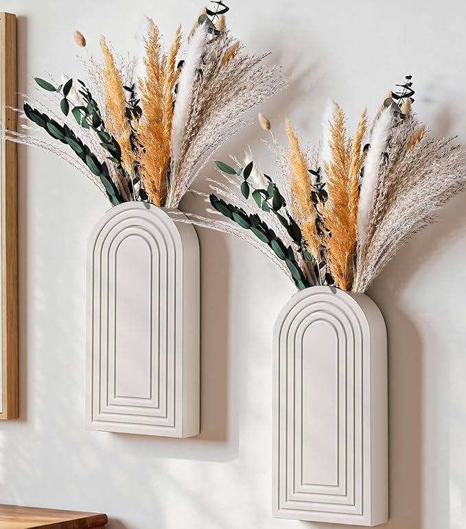 DREAMLOOM 2 Pack Wooden Wall Vases with Dried Pampas Grass and Eucalyptus Plants, Wall Hanging Planters Boho Modern Farmhouse Indoor for Narrow Spaces Entryway Bathroom Home Office Decoration, White