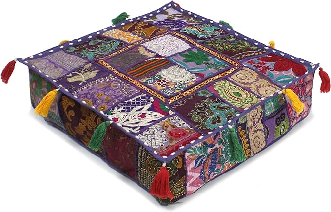 Mam Treasures Indian Bohemian Decorative Pillow Vintage Cushion Cover Patchwork Square Floor Pillow Cover Meditation Cushion Large Floor Pillow Indian Cushion (Purple, 22 X 22 X 5 Inch)