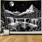 Leofanger Black and White Tapestry Starry Night Mountain Tapestry Aesthetic Moon Wall Tapestries Galaxy Space Tapestries Wall Hanging for Home Decor(51.2"x59.1")
