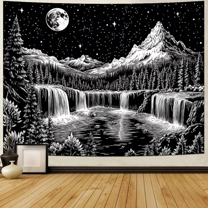 Leofanger Black and White Tapestry Starry Night Mountain Tapestry Aesthetic Moon Wall Tapestries Galaxy Space Tapestries Wall Hanging for Home Decor(51.2"x59.1")