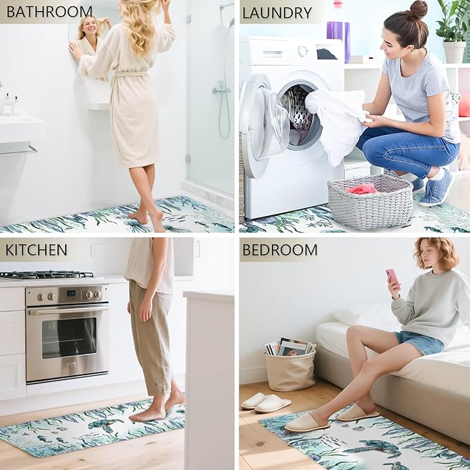 Sea Turtle Rugs for Kitchen Floor, Coastal Beach Anti Fatigue Mats for Kitchen Floor Non Slip, 2PCS Rubber Kitchen Mat, Washable Cushioned Carpet for Sink Laundry Christmas 15.7"×27.5" +15.7"×47"3.5mm