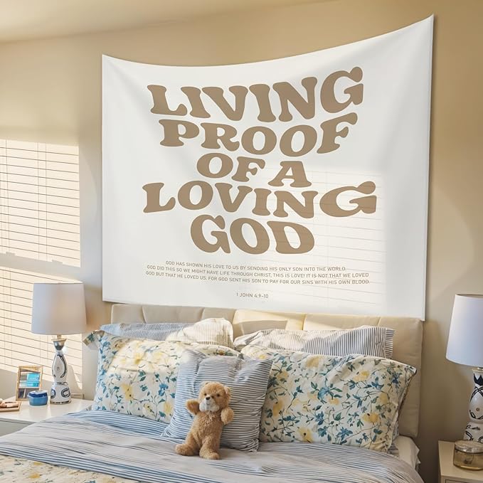 STHTTSW Christian Tapestry, Living Proof Of A Loving God Bible Verse Tapestries, Religious Scripture Wall Hanging Decor for Nursery Church Prayer Room Home Office, 50x60 Inch
