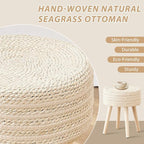 Cpintltr Round Ottoman Footstool Natural Seagrass Foot Stool Pouf Ottomans with Solid Wood Legs Hand Weave Hyacinth Footrest Step Stool for Living Room Balcony Garden Natural & Beige