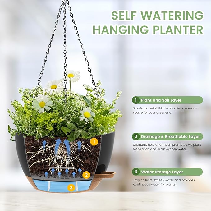 2 Pack 12 Hanging Flower Pots with Chains Self Watering Plastic Planters for Indoor Outdoor Plants, Sturdy Triangular Iron Chain Design for Garden PorchPlastic hanging flower pots(2, Black Brown)