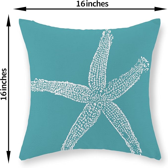 Coastal Pillow Covers 16x16 Set of 2 Aqua Teal Turquoise Coral Starfish Throw Pillows Nautical Ocean Decorations Summer Linen Beach Pillowcase Outdoor Decor Farmhouse Cushion Case for Couch
