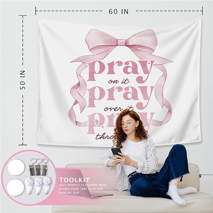 LIANGW Pink Coquette Bow Christian Tapestry, Inspirational Christian Tapestry for Women, Indoor Outdoor Wall Art Tapestriesfor Home Bedroom Girls Dorm Apartment- Pray On It 50x60 inches