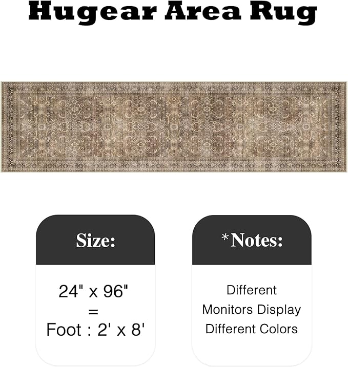 HUGEAR 2x8 Runner Rug Hallway Vintage Brown Machine Washable Retro Floral Low Pile Carpet Vacuumable Distressed Long Throw Rug Bedroom Office Bathroom Kitchen Laundry Non Slip Soft Lightweight
