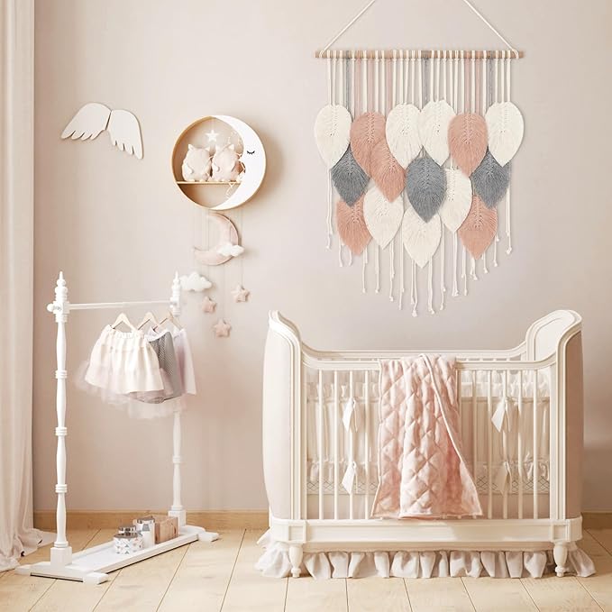 Alynsehom Macrame Wall Hanging, Boho Woven Tapestry, Chic Modern Bohemian Handmade Leaf Feather Wall Art Home Decor for Apartment Dorm Living Room Bedroom Nursery Backdrop(23.6" W X 29.5" L)