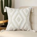 Boho Throw Pillow Covers 18x18 Inch with Tassels, White Tufted Square Bohemian Decorative Pillow Covers Set of 1, Farmhouse Woven Cushion Cases for Couch Sofa Bed Living Room Home Decor