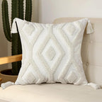 Boho Throw Pillow Covers 18x18 Inch with Tassels, White Tufted Square Bohemian Decorative Pillow Covers Set of 1, Farmhouse Woven Cushion Cases for Couch Sofa Bed Living Room Home Decor