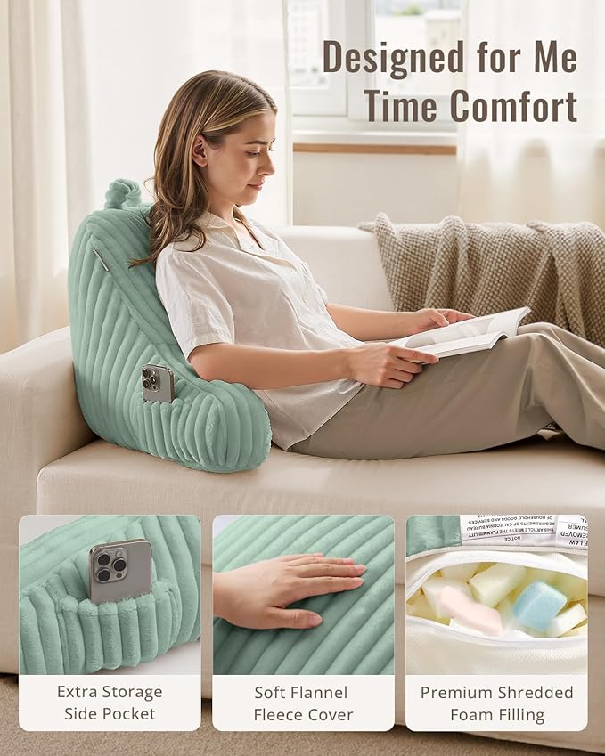 Blissful Diary Reading Pillow for Sitting in Bed, Flannel Back Pillow Bed Sitting Up for Adult & Children, Backrest Cushion for Sit Up in Couch or Floor, Dorm Essentials, Mint Green