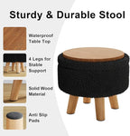 Black Storage Ottoman, Small Foot Stool Ottoman with Storage, Boucle Sherpa Foot Rest for Couch, Round Footstools with Soft Seat, Sturdy Wood Legs Stool for Living Room, Hallway, Desk