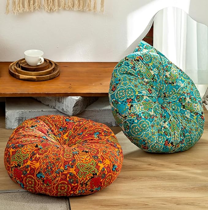 Round Bohemian Floor Pillow, Meditation Floor Seat Cushion, Large Soft Cotton Linen Pillows for Yoga Living Room Balcony Outdoor Tatami, 22x22 Inches (Round Orange)