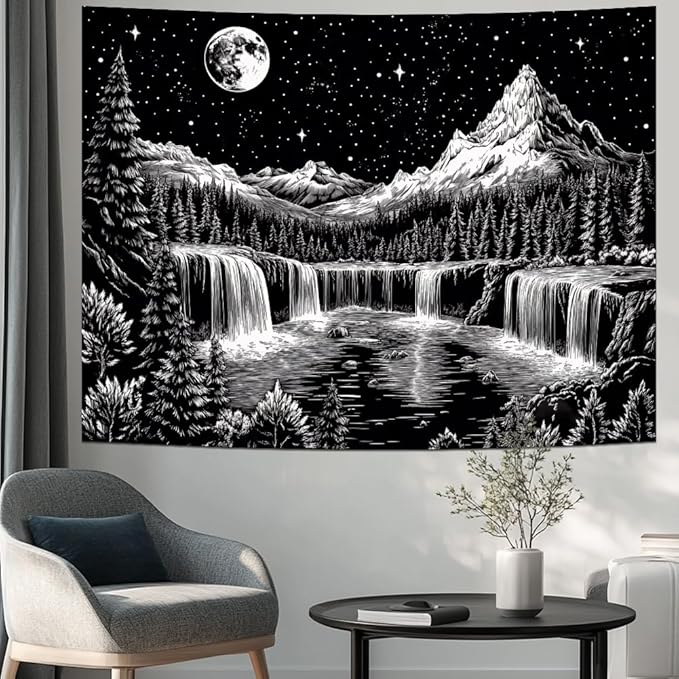 Leofanger Black and White Tapestry Starry Night Mountain Tapestry Aesthetic Moon Wall Tapestries Galaxy Space Tapestries Wall Hanging for Home Decor(70.8"x92.5")