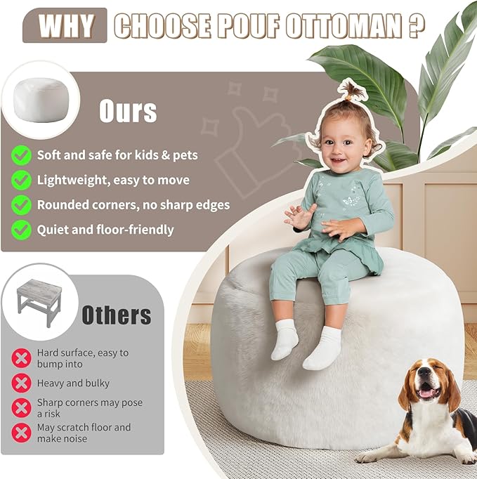 Round Pouf Ottoman Foot Rest, 29 X 18Inch Floor Poufs Footstool, A Round Modern Foam Filled Foot Stool for Living Room, Home, Nursery, Dorm (White, 29Inch)
