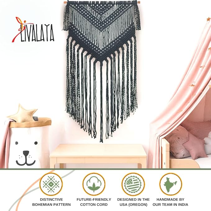 Livalaya Boho Black Macrame Woven Wall Hanging - Black 16 in x 36 in Modern Bohemian Tapestry wall Art Decor for House, Apartment, Dorm, Bedroom, Nursery, Party Decorations, Wedding, Wall Ornament