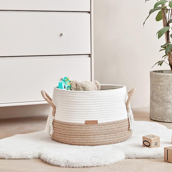 Small Basket for Stuffed Animal,Clothes ,Baby Blankets -11.8"x9.8"- Boho Baskets for Living Room,Bedroom,Nursery |Cotton Rope Baskets, Cube Basket, Under Shelf Basket | Baskets for Home Decor