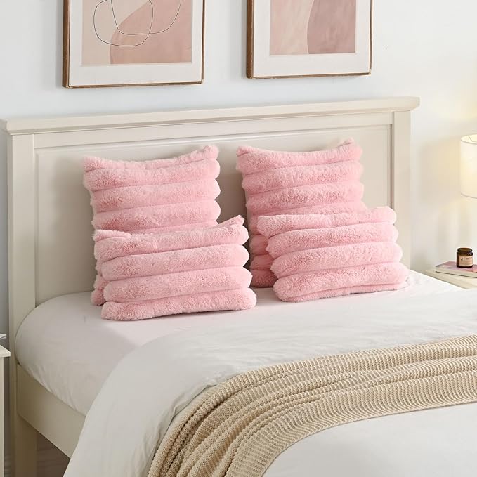 FUTEI Pink Decorative Throw Pillow Covers 20x20 Inch Set of 2, Square Soft Faux Rabbit Fur Thick Striped Cushion Cover,Spring Home Decor for Couch Bed Living Room