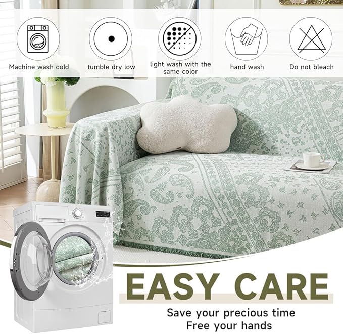 ROOMLIFE Green Couch Covers for Sofa, Sofa Covers Washable Non Slip Furniture Protector Couch Sofa Covers for 3 Cushion Couch, Breathable Sofa Slipcovers Couch Cover Blanket with Tassels 71" X 118"