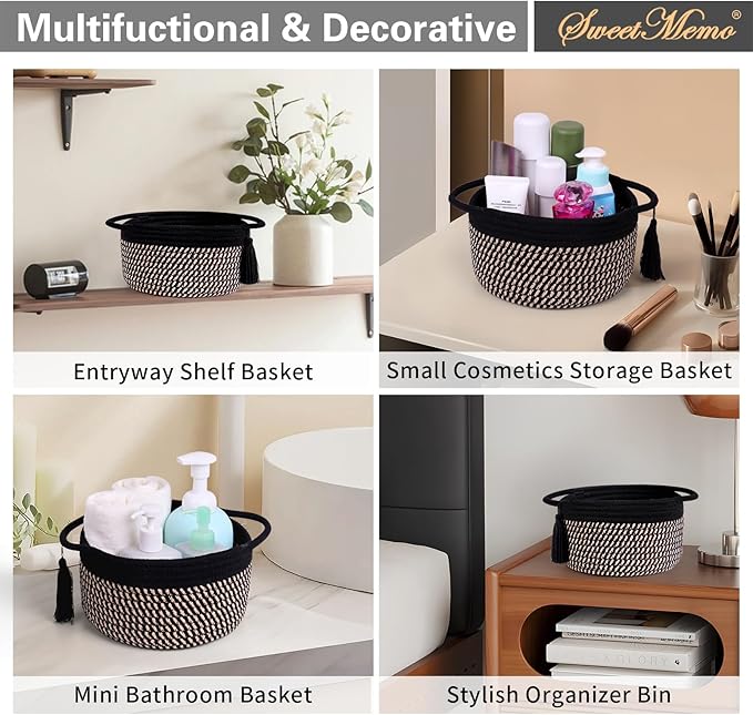 Small Empty Gift Basket to Fill with Handles, Little Cute Woven Baskets for Man, Boys Gifting – Mini Storage Bin for office Desk, Bathroom, Plant Decor with Gift Bag & Ribbon – Black Brown
