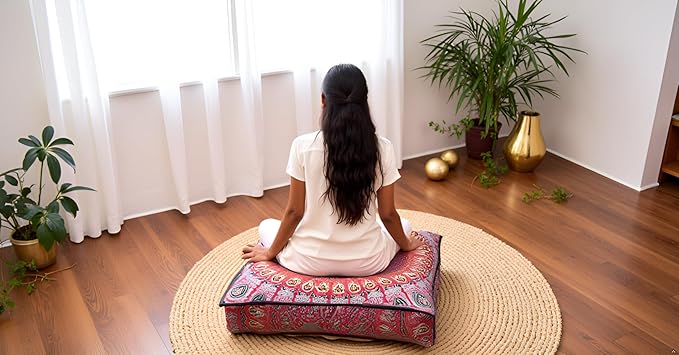 INDIAN CRAFT CASTLE 24" Red Peacock Mandala Barmeri Large Floor Pillow Cover Cushion Meditation Seating Ottoman Throw Cover Hippie Decorative Zipped Bohemian Pouf Ottoman Pom Pom Cases 24" Square
