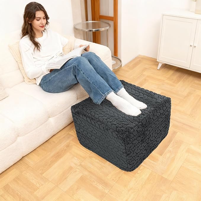 20x20x14 Inches Fluffy Square Pouf Ottoman - Plush Furry Boneless Ottoman Foot Rest Stool with High-Density Foam, Versatile Floor Seating for Living Room (Gray)