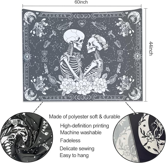 KJHL Black and White Gothic Witchy Skull Tapestry 44ʺ x 60ʺ Floral Constellation Skeleton Aesthetic Tapestries Wall Hanging for Bedroom Dorm