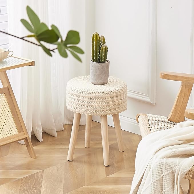 Cpintltr Round Ottoman Footstool Natural Seagrass Foot Stool Pouf Ottomans with Solid Wood Legs Hand Weave Hyacinth Footrest Step Stool for Living Room Balcony Garden Natural & Beige