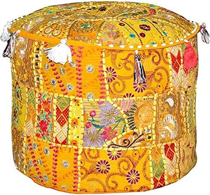 Aakriti Indian Footstool with Embroidery Pouf, Indian Cotton, Pouf, Ottoman Pouf Cover with Ethnic Decor Art – Cover (Yellow, 46 x 33 cm)