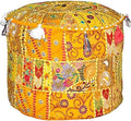 Aakriti Indian Footstool with Embroidery Pouf, Indian Cotton, Pouf, Ottoman Pouf Cover with Ethnic Decor Art – Cover (Yellow, 46 x 33 cm)