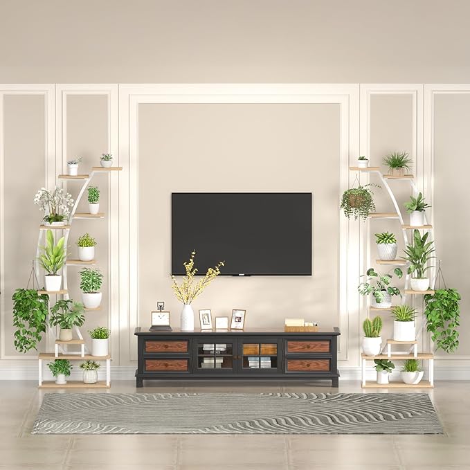 Plant Stand Shelf Rack Indoor with 8 Built in Grow Light, 10 Tiered 65" Tall White Large Lighted Half Moon Curved Plant Stand for Indoor Growing, 2 Pack Arch Sturdy High Herb Shelving