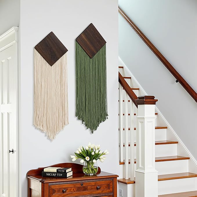 KHOYIME Macrame Wall Hanging Boho Chic Home Decor, 2PCS Bohemian Green Beige Vertical Tassel Yarn Tapestry Modern Farmhouse Wall Art Decorations for Living Room Bedroom Nursery Office 11''W x 36''L