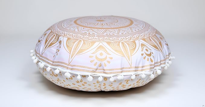 CRAFT KALA 22" Round Mandala Comfort Meditation Floor Pillow Cover, Large Pillows Seating Cover for Adults, Cushions Cover for Outdoor Yoga Fireplace Living Room Ottoman Cover White Gold Trishul