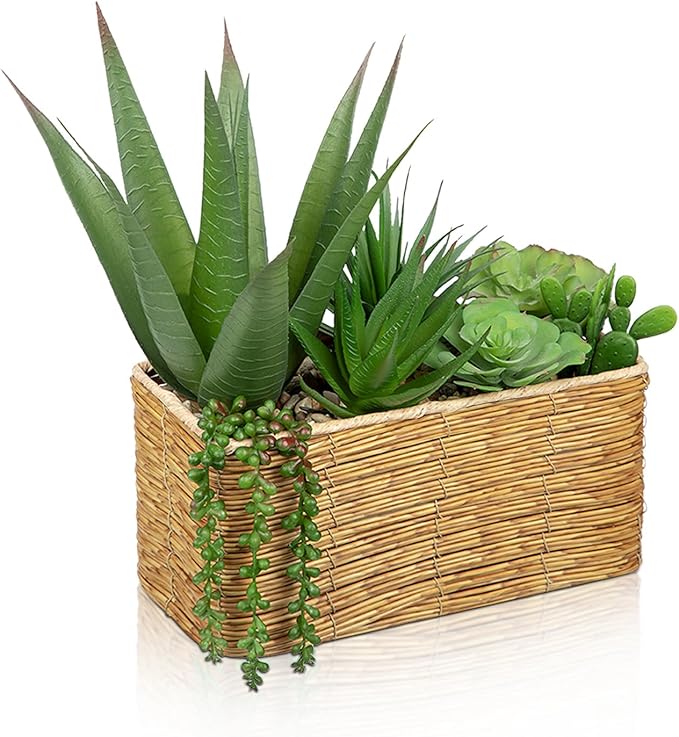 Hollyone Artificial Succulent Plant Arrangement Centerpiece Assorted Fake Agave Succulents in Rectangular Woven Basket 12" Faux Potted Succulents for Indoor Home Office Table Windowsill Shelf Decor