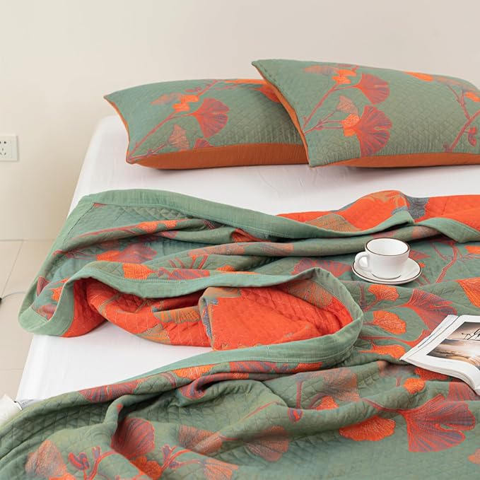 100% Cotton Muslin Blanket Jacquard Green Orange Floral Ginkgo Leaves Quilt, Soft Bed Cover Lightweight Breathable Gauzy Reversible Bedspread Coverlet King(98"x94"), No Pillow Sham